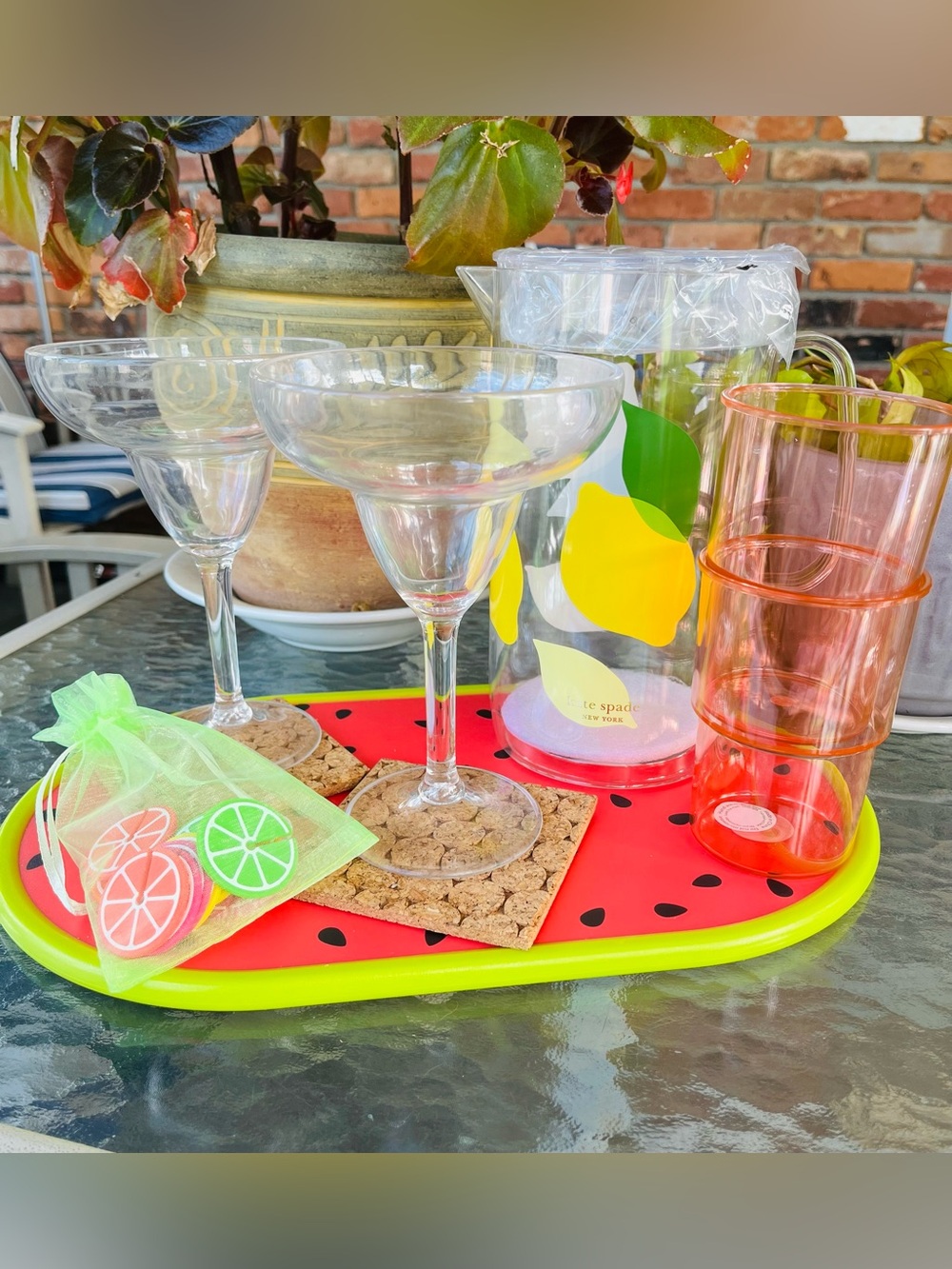 kate spade Lemon Pitcher & Glasses, Tray, Coasters, Markers, Margarita Glasses.